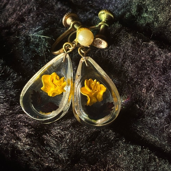 Jewelry - Handmade Yellow Flower Teardrop Clip On Earrings - Resin Drop Earrings